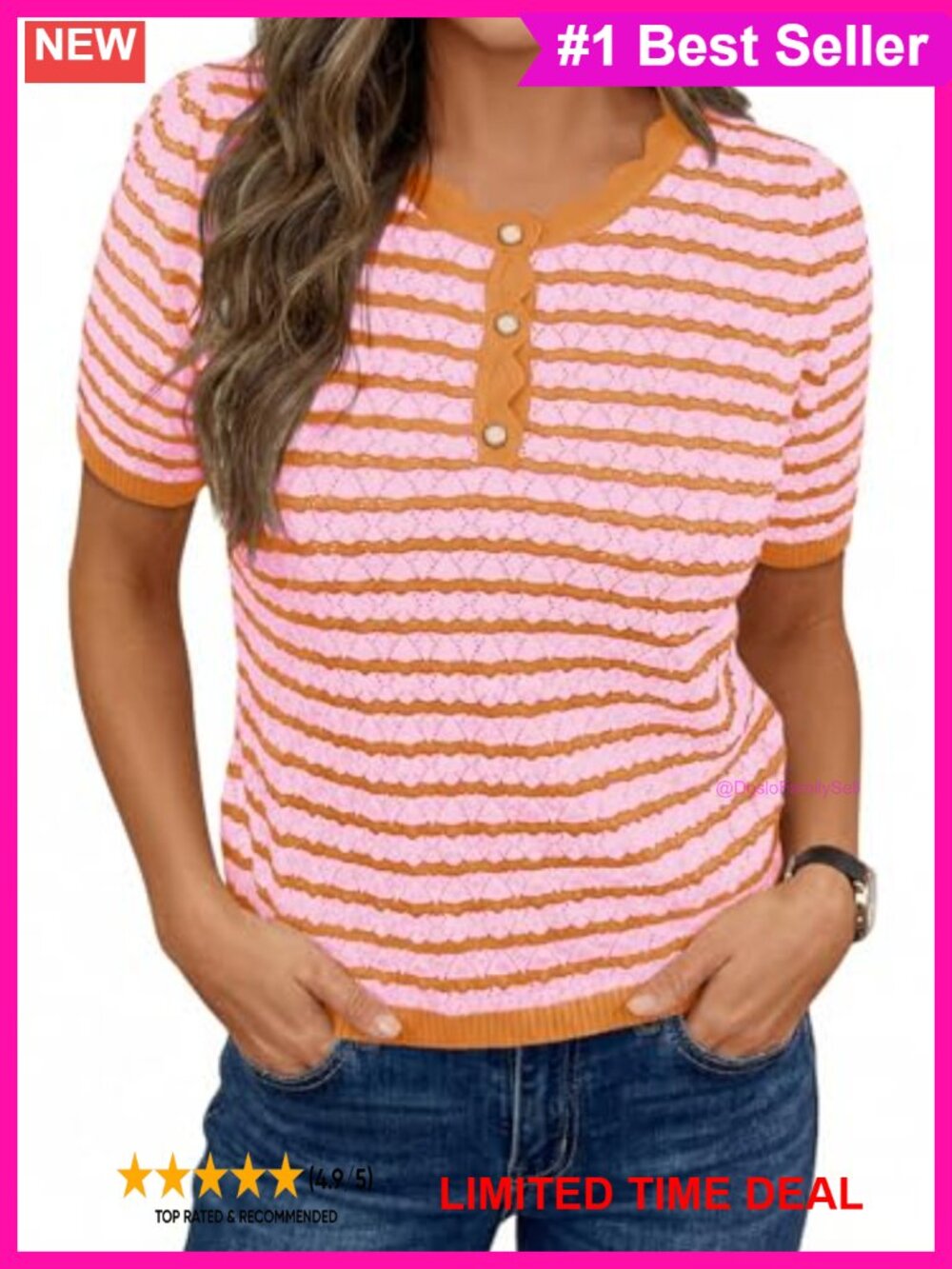Women's Short Sleeve Striped Knit Sweater Button Front Henley Pullover